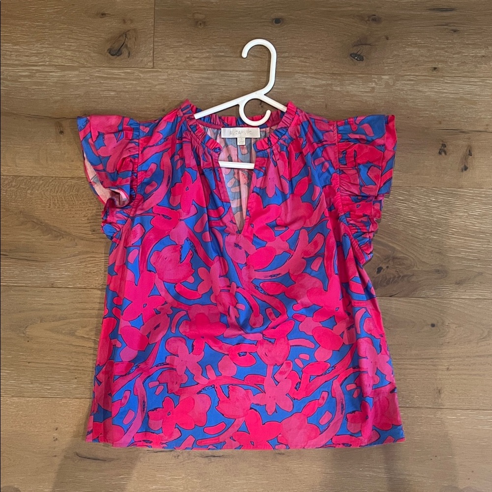 Sugarlips Pink & Blue Floral Flutter-Sleeve Blouse